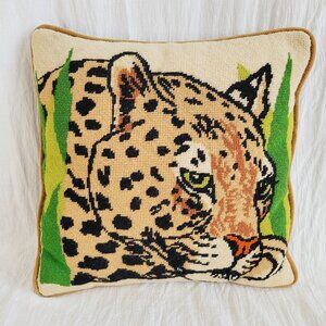 Vintage Needlepoint Leopard Cotton Corduroy Back 12x12 Throw Pillow RETRO!